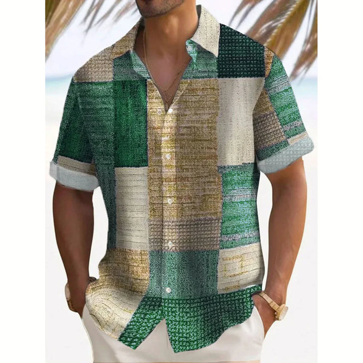 Warm weather men's vacation shirt. Vintage patchwork, short sleeve, relaxed fit for beach & casual outfits.