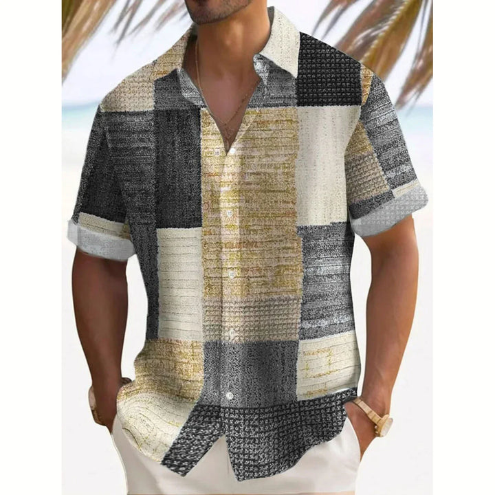 Distinctive men's relaxed fit summer shirt. Unique vintage patchwork pattern, short sleeve for casual style.