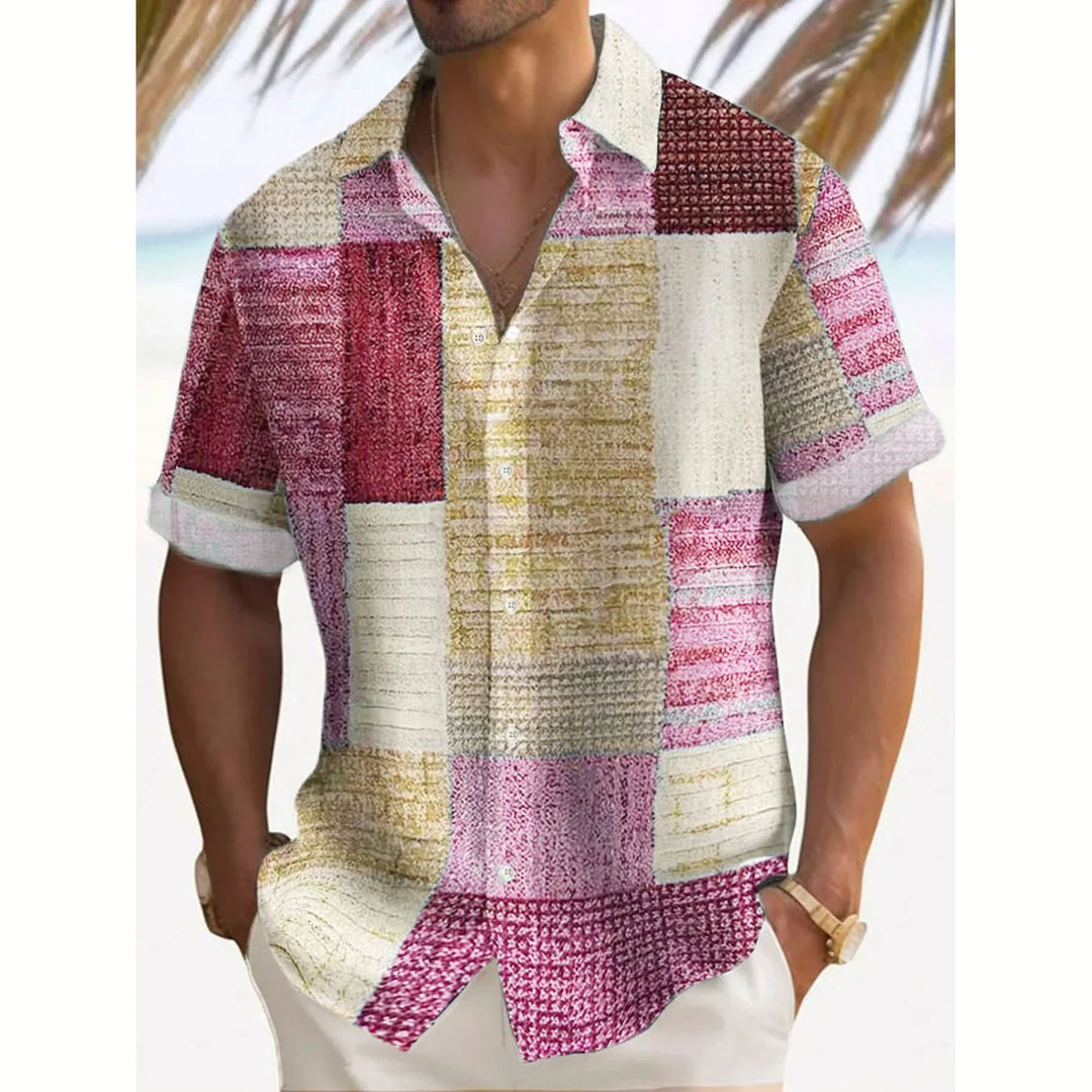 Men's stylish short sleeve shirt. Unique vintage patchwork design, perfect for summer casual & warm weather.
