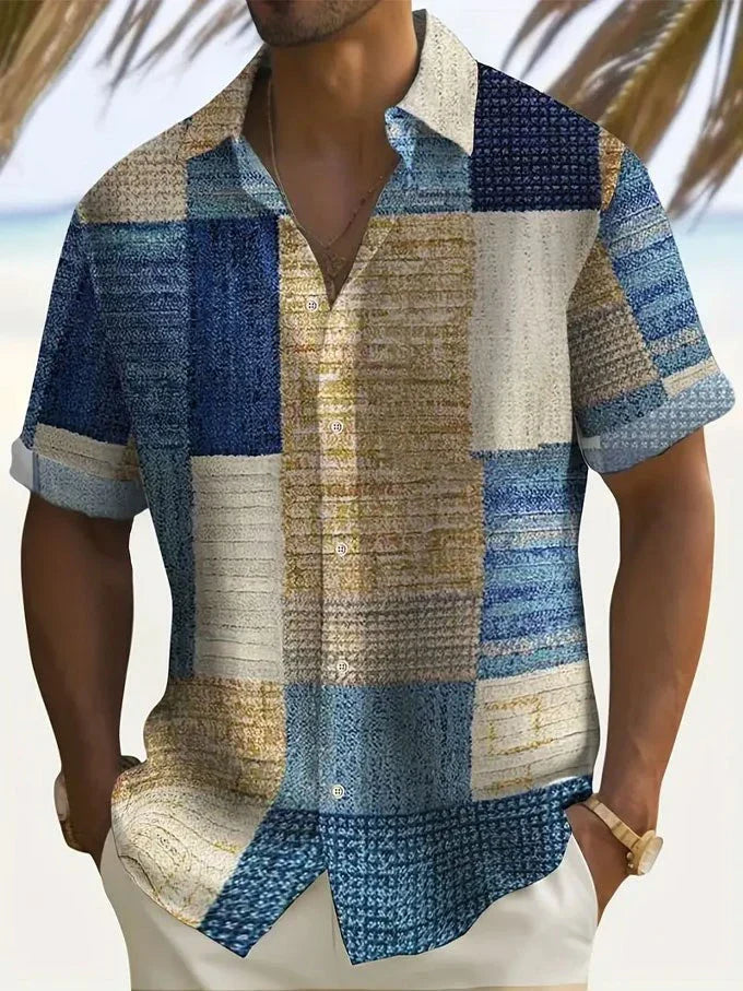 Relaxed fit men's summer shirt. Distinctive vintage patchwork, short sleeve, ideal for stylish vacation outfits.