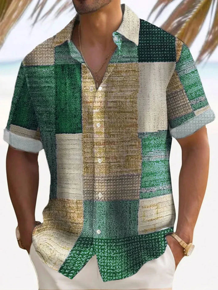 Trendy men's casual summer shirt. Relaxed fit, unique vintage patchwork, perfect for vacation & warm weather.