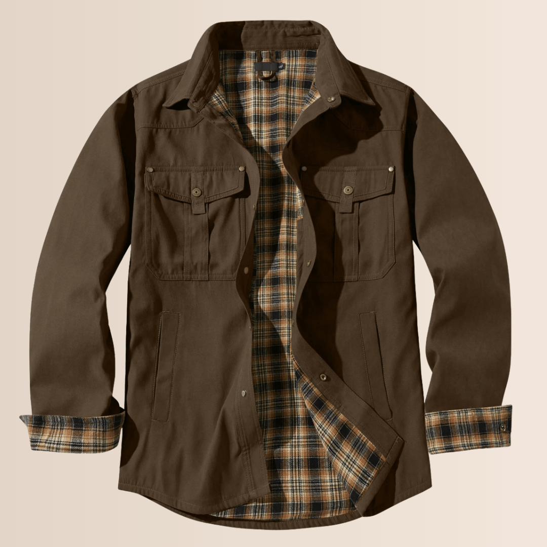 Durable men's vintage plaid shirt jacket. Versatile all-season layering piece, casual western style outerwear.