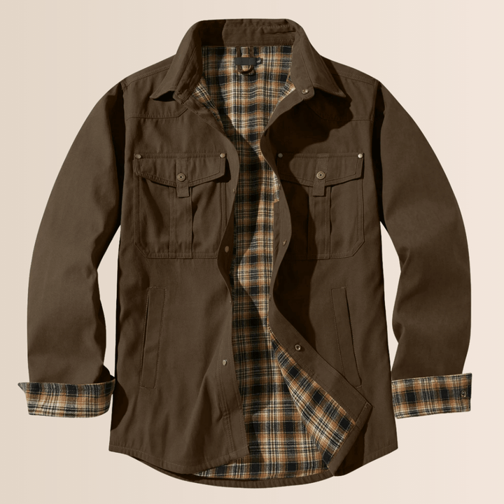 Durable men's vintage plaid shirt jacket. Versatile all-season layering piece, casual western style outerwear.