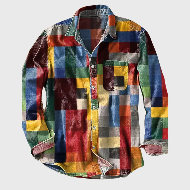 Men's vintage retro print casual shirt with unique colorful graphic design.