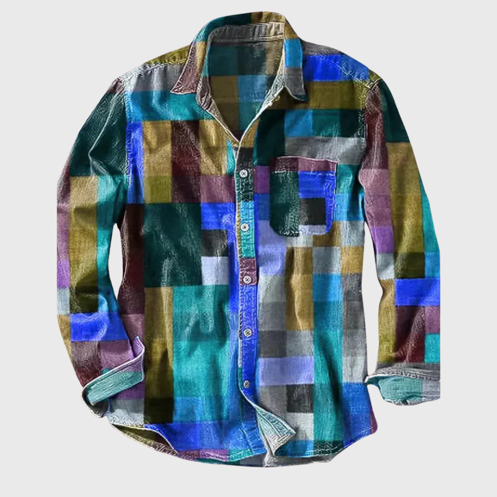 Close-up of men's vintage shirt showcasing a vibrant and unique retro print.