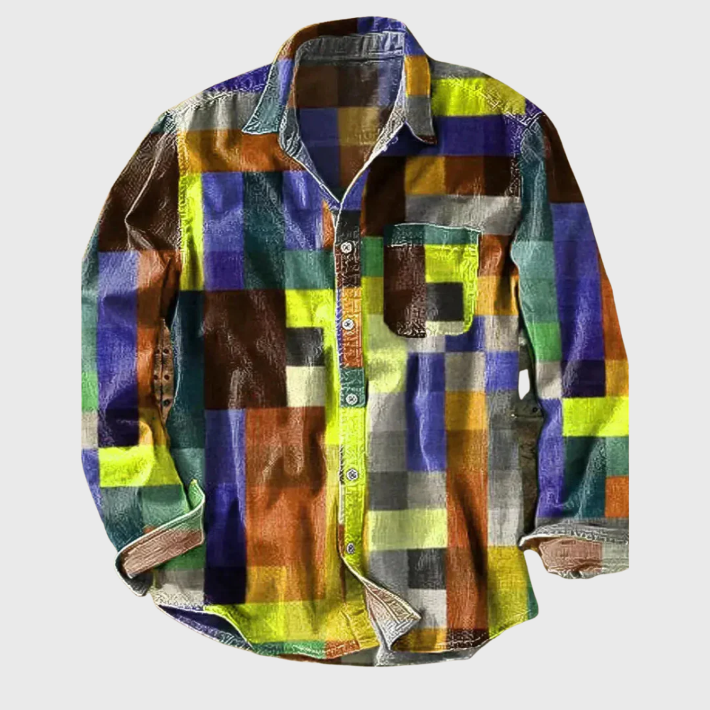 Stylish men's casual wear featuring a bold, colorful vintage graphic tee.