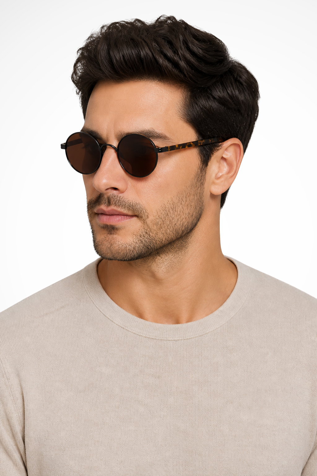 Stylish men's round vintage gold frame sunglasses with gray UV400 lenses, providing retro eyewear protection.