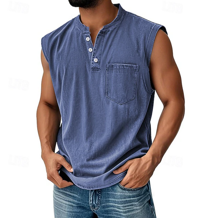 Men's vintage sleeveless shirt, relaxed fit for casual comfort. Ideal summer fashion.