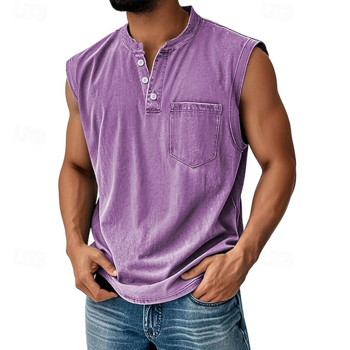 Daily wear men's sleeveless shirt. Retro, relaxed fit for casual comfort and summer style.