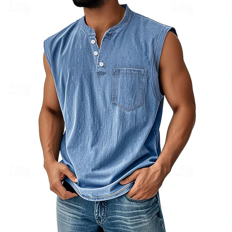 Retro men's sleeveless shirt, casual style perfect for warm weather & daily wear. Loose fit comfort.