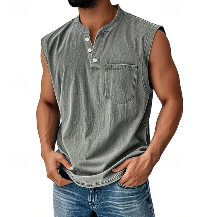 Men's casual vintage sleeveless shirt. Loose, relaxed fit for summer fashion & daily comfort.