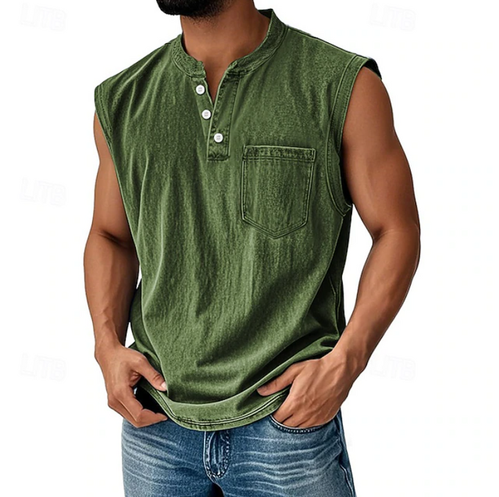 Summer-ready men's sleeveless shirt, vintage look & relaxed fit. Comfortable casual fashion.