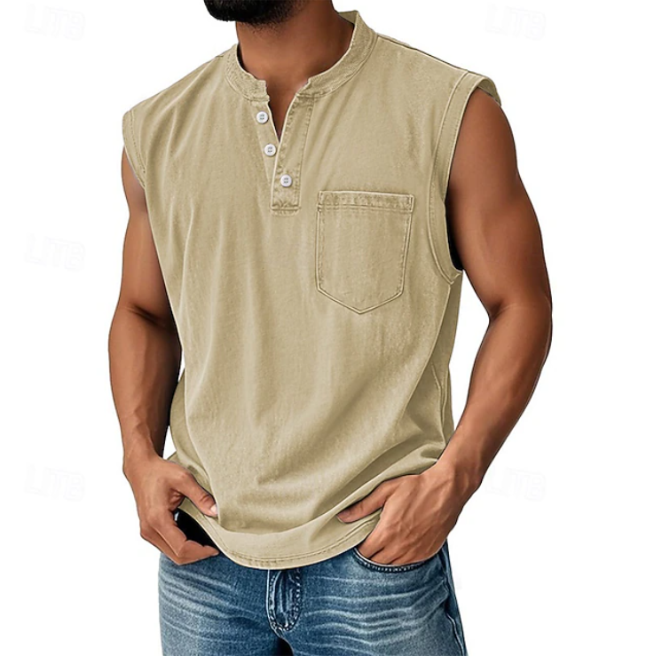 Versatile men's retro sleeveless shirt. Relaxed fit, casual style for warm weather fashion.