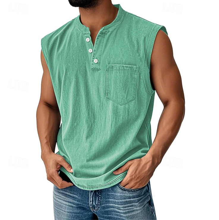 Comfortable men's loose fit sleeveless shirt with a vintage, casual design. Great for summer.