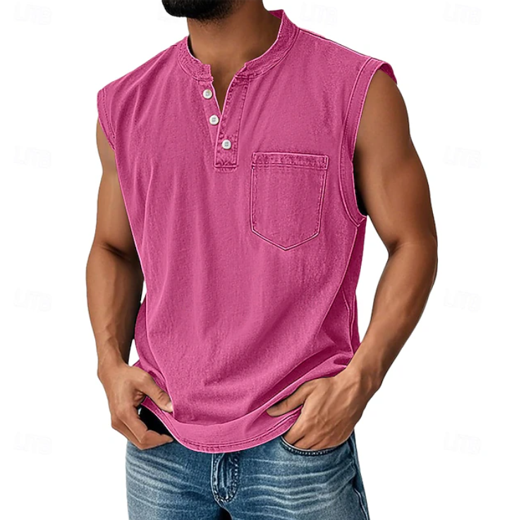 Men's relaxed fit sleeveless shirt, vintage-inspired for a casual, comfortable summer look.