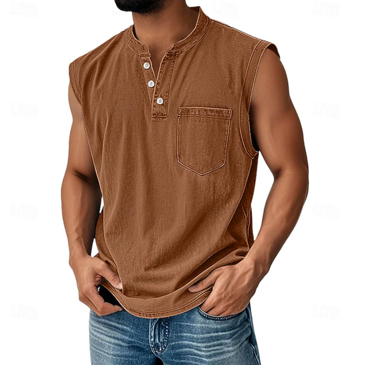 Stylish men's vintage sleeveless shirt. Casual, loose fit ideal for warm weather fashion & comfort.