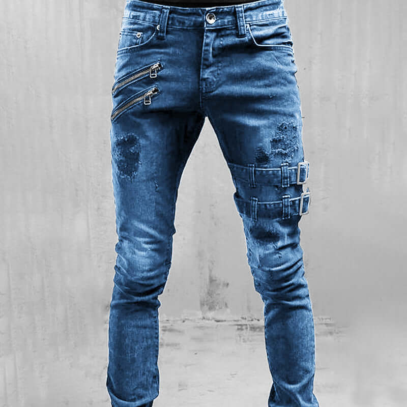 Men's vintage straight leg denim jeans with unique buckle details, ideal for an edgy casual look.