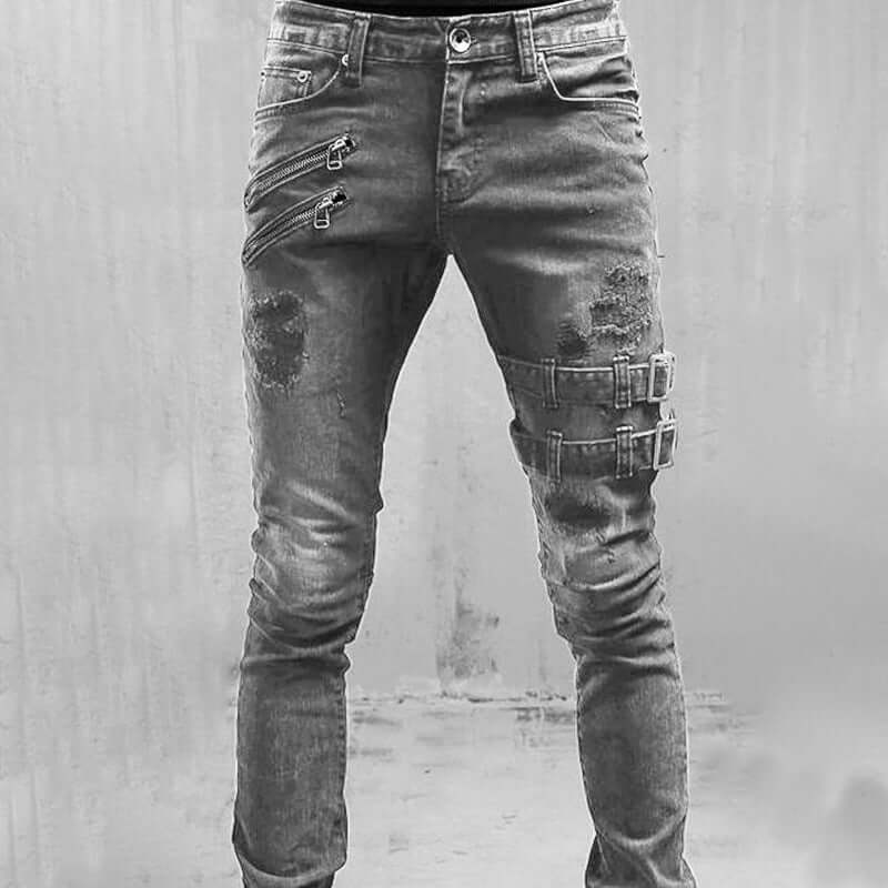 Vintage men's buckle detail denim jeans. Straight leg fit, edgy style & distressed look. Perfect for casual wear.