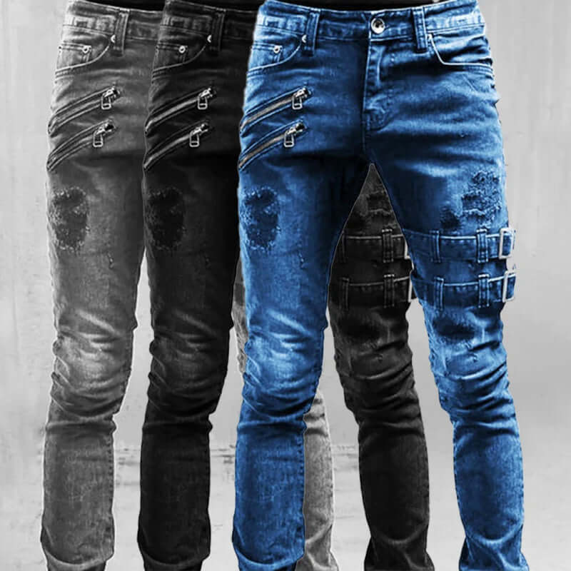 Stylish men's vintage denim jeans. Edgy straight leg fit with buckle details, perfect for a unique fashion statement.