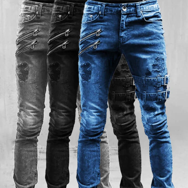 Stylish men's vintage denim jeans. Edgy straight leg fit with buckle details, perfect for a unique fashion statement.