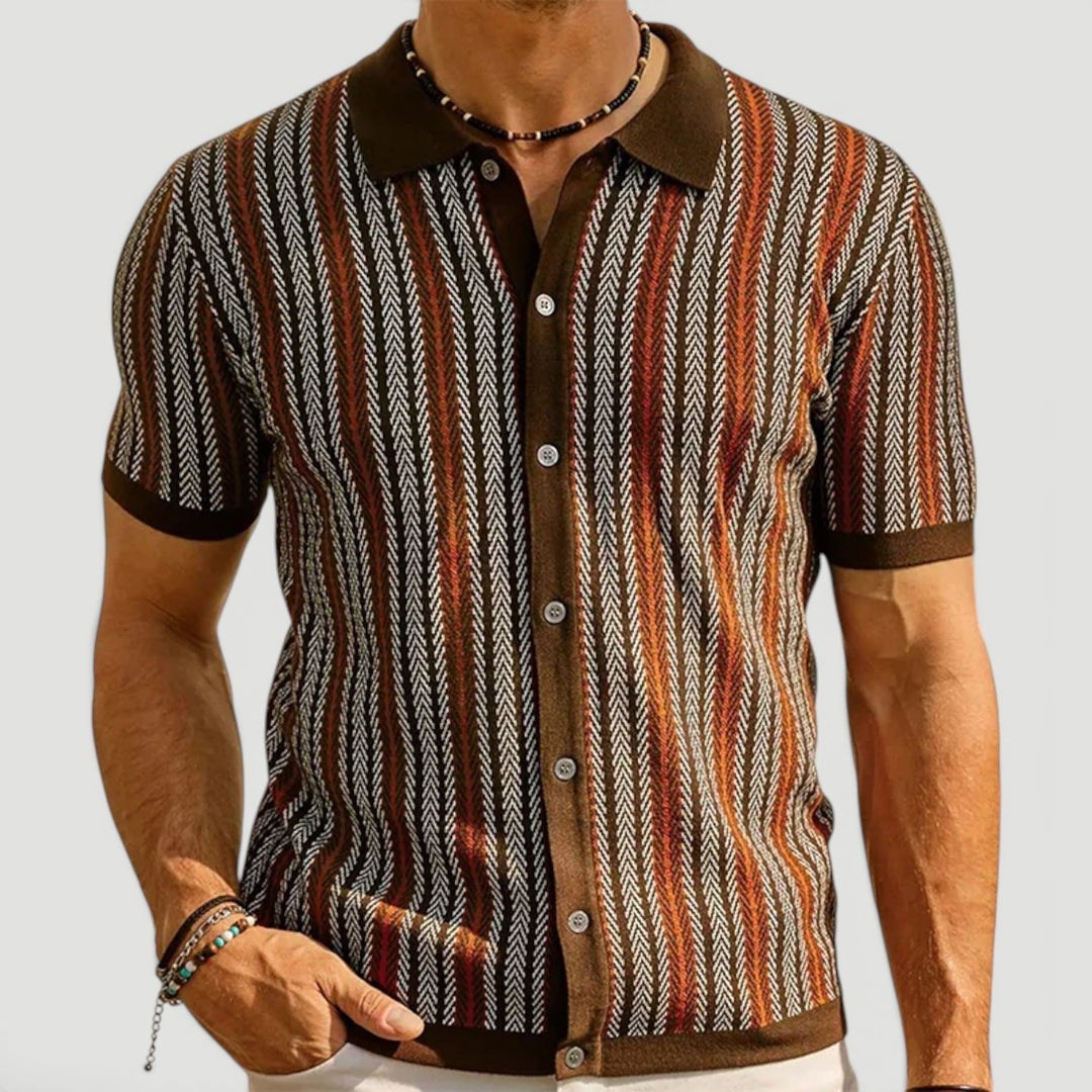 Men's vintage style button front polo shirt, offering effortless charm & smart casual summer fashion.
