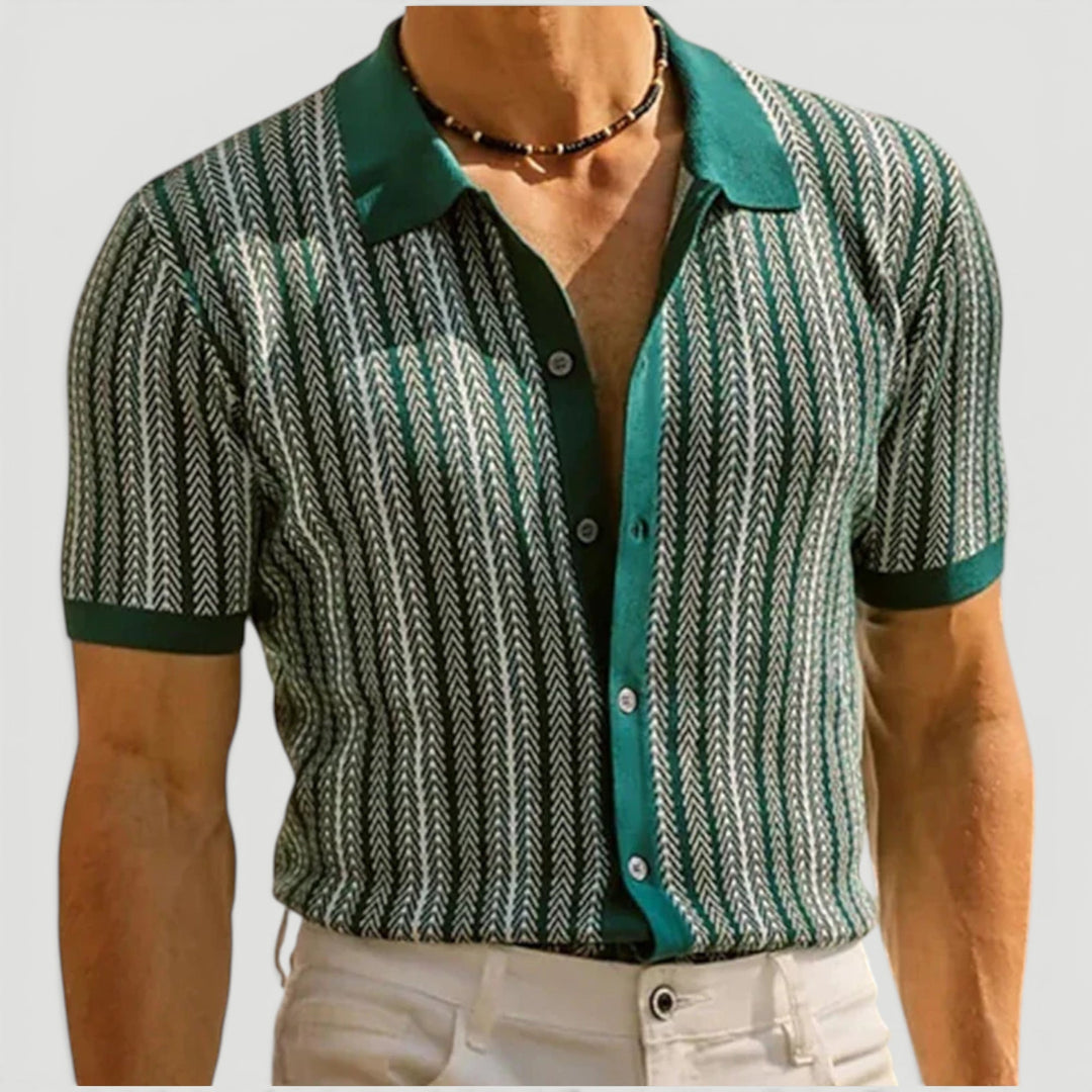 Relaxed fit men's button front polo in vintage style, perfect for warm weather and smart casual wear.