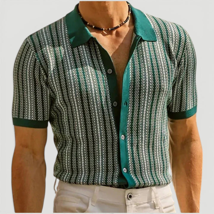 Relaxed fit men's button front polo in vintage style, perfect for warm weather and smart casual wear.