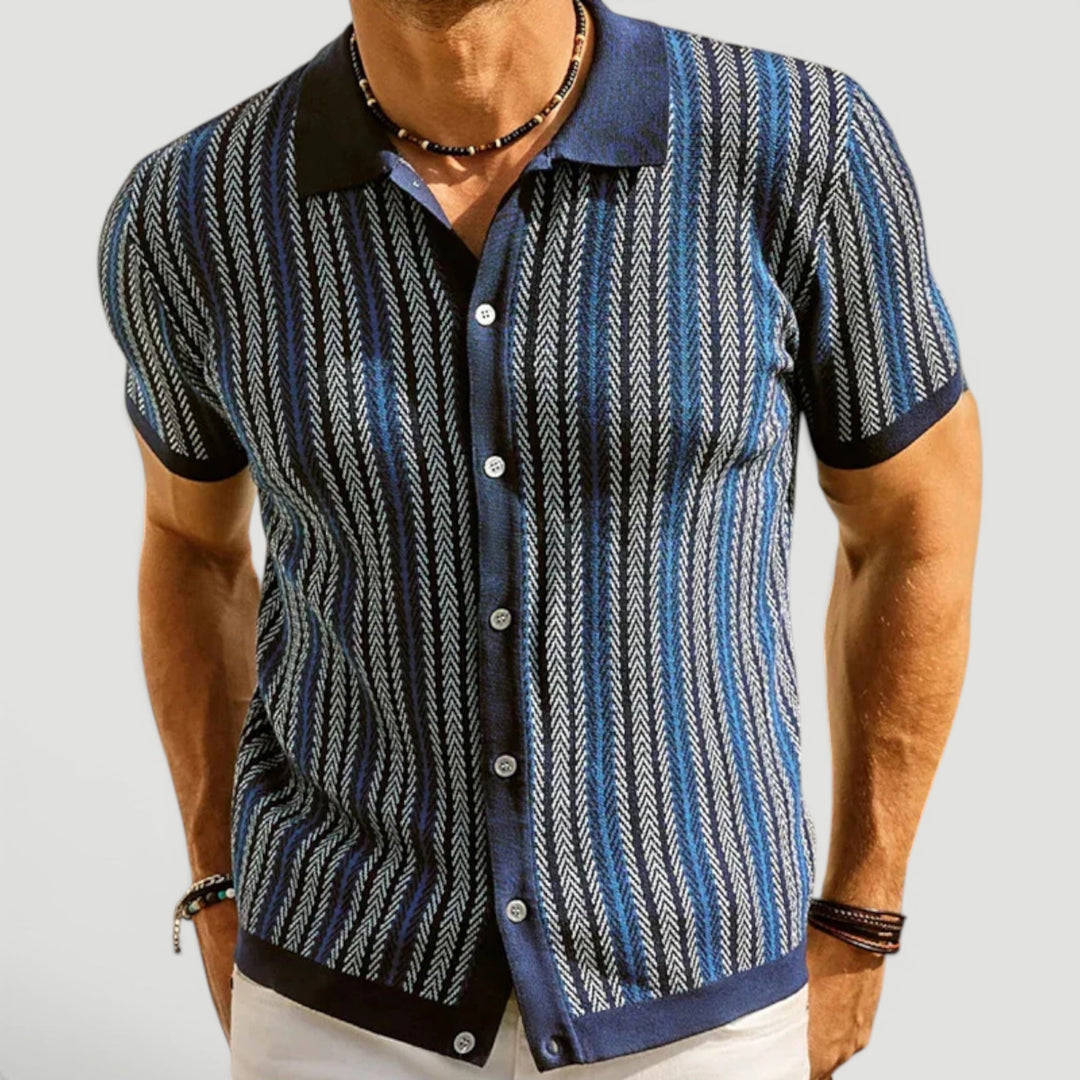 Men's casual vintage button front polo shirt. Comfortable and stylish for warm weather & summer outfits.