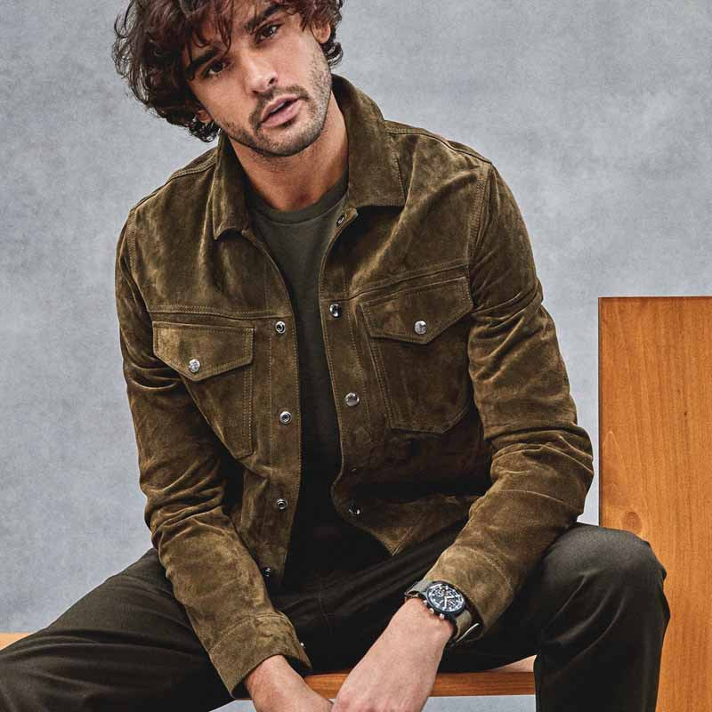 Stylish men's vintage outerwear. Casual button-up jacket with chest pockets, ideal for layering in fall & winter.