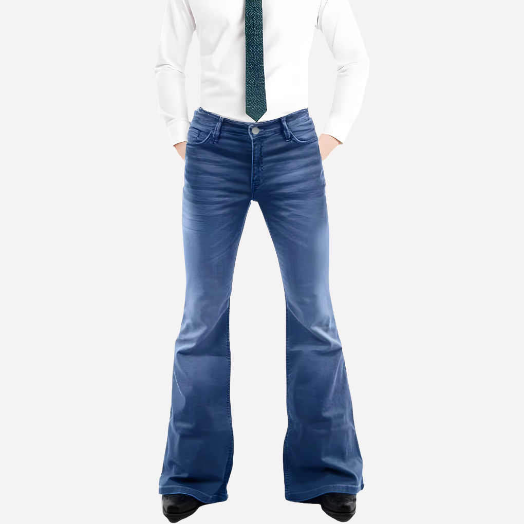 Men's vintage washed blue flared jeans, embodying retro 70s style with classic denim for casual wear.