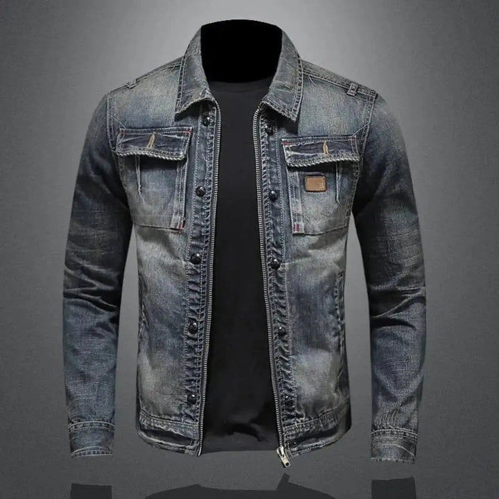 Men's vintage washed denim jacket with zip-up front, retro style, ideal for casual wear.