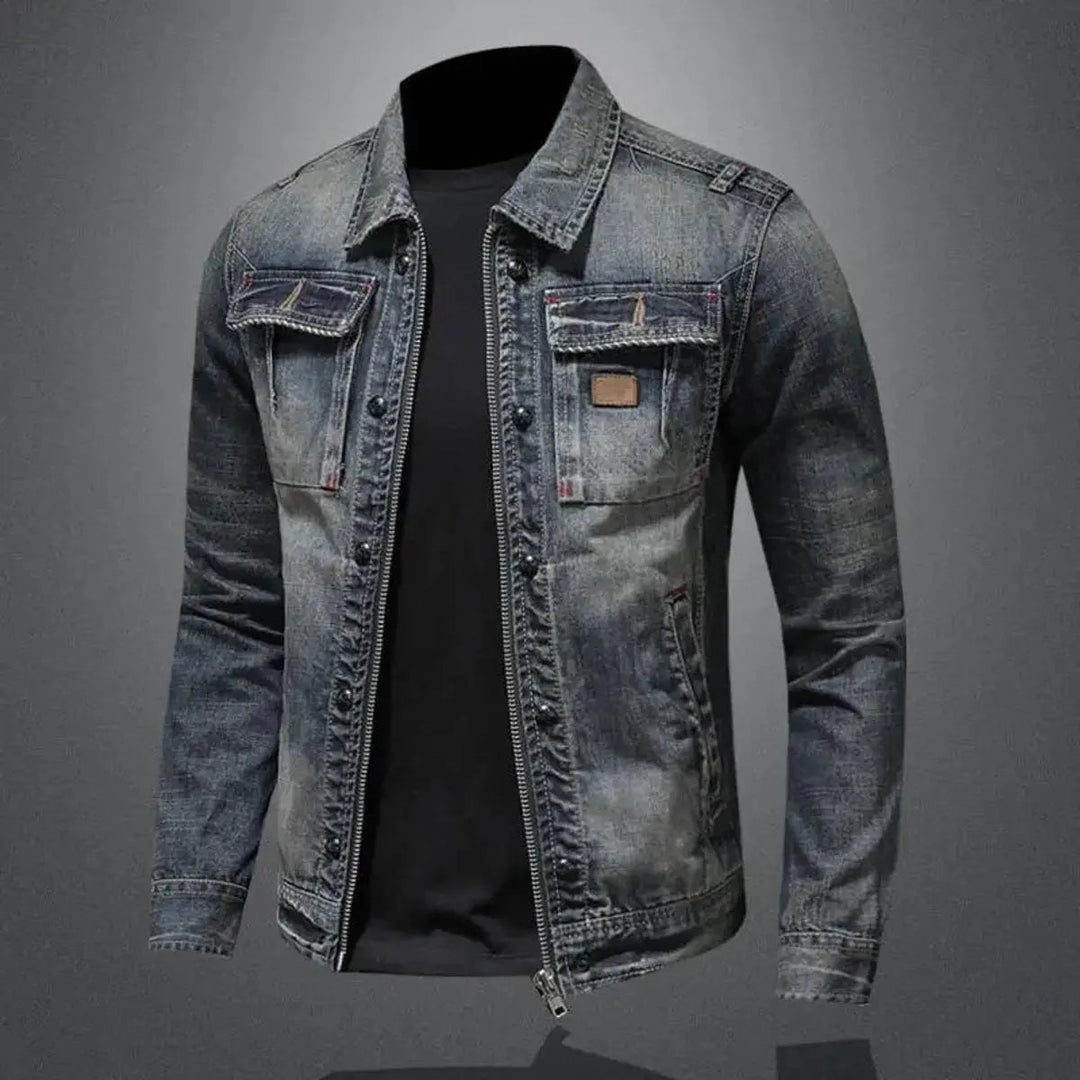 Classic men's denim jacket, vintage washed finish, modern zip-up closure, workwear inspired.