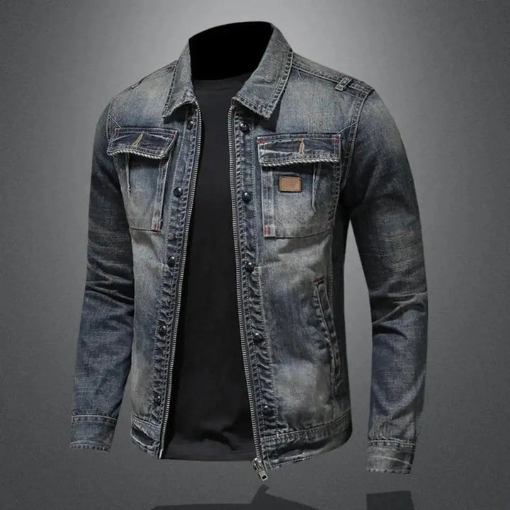 Classic men's denim jacket, vintage washed finish, modern zip-up closure, workwear inspired.
