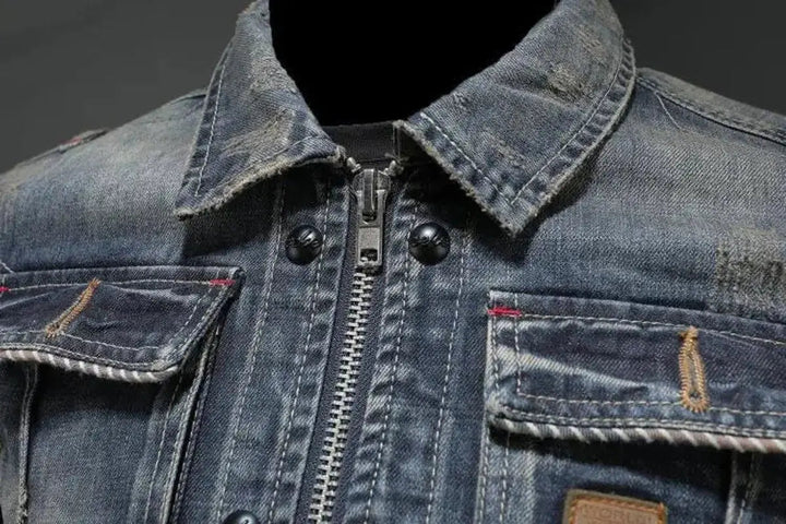Men's retro zip-up denim jacket, vintage washed effect, workwear inspired design for modern men's fashion.