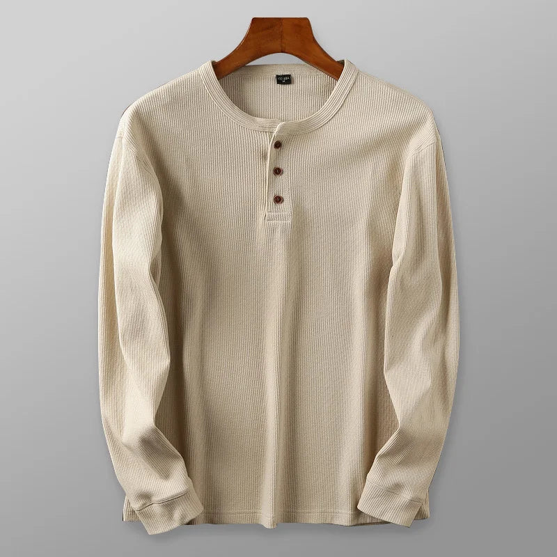 Men's waffle knit henley shirt in charcoal grey, long sleeve casual top