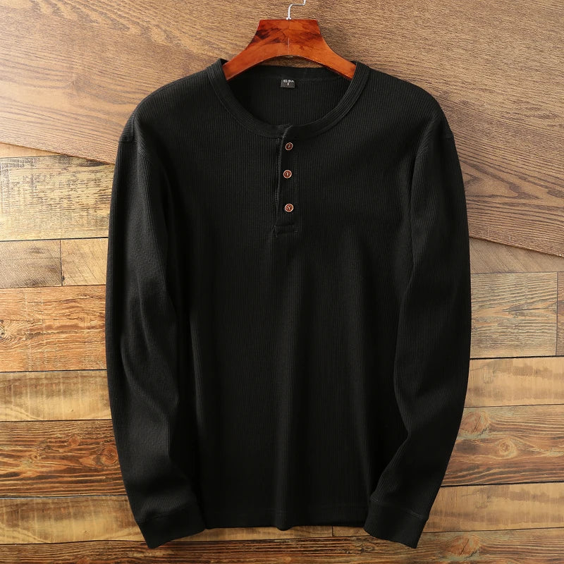 Men's burgundy henley shirt, comfortable fit, long sleeve versatile top