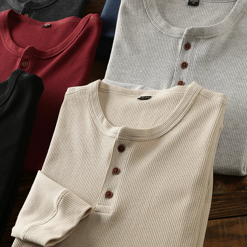 Men's light blue waffle knit henley shirt, perfect for smart casual outfits