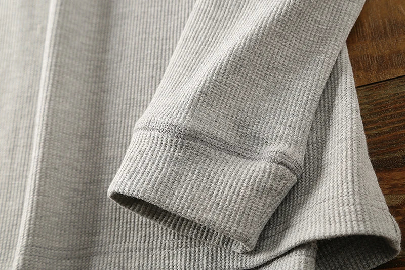 Men's cream colored waffle knit henley, cozy long sleeve shirt for everyday wear