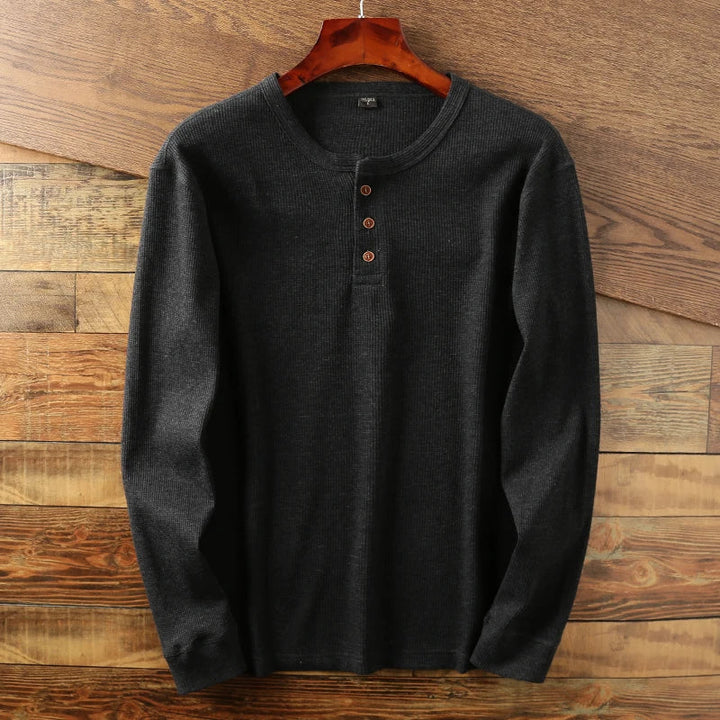 Side profile of men's heather grey henley shirt, textured long sleeve top