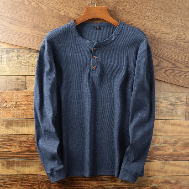 Men's olive green henley shirt, smart casual style, waffle texture detail