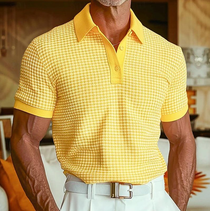 Men's waffle knit polo shirt with a textured collar & short sleeves, perfect for smart casual summer style.