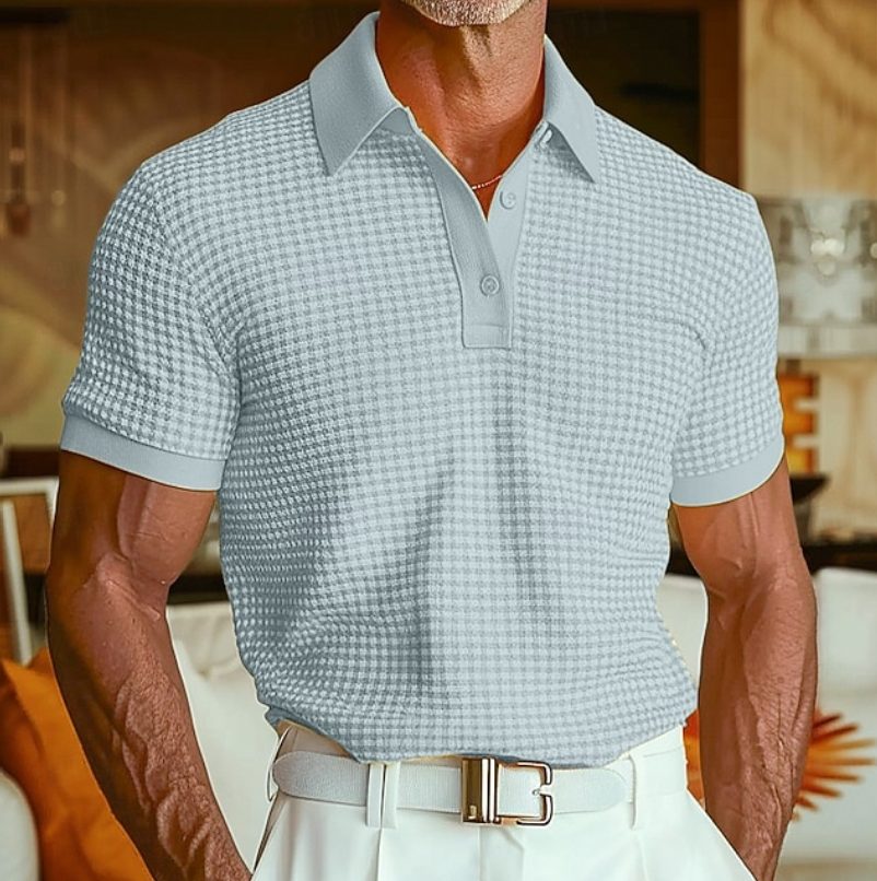 Full view of a men's smart casual waffle polo shirt, short-sleeve design with a distinctive textured collar.