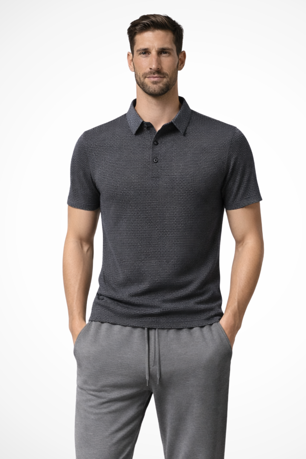 Men's waffle knit short sleeve polo shirt, smart casual and comfortable everyday wear.