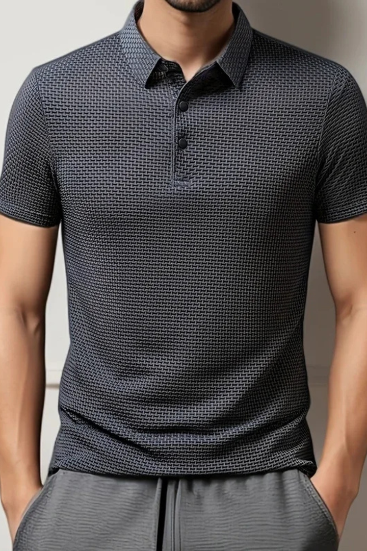 Classic men's short sleeve waffle knit polo, textured design, perfect for smart casual fashion.