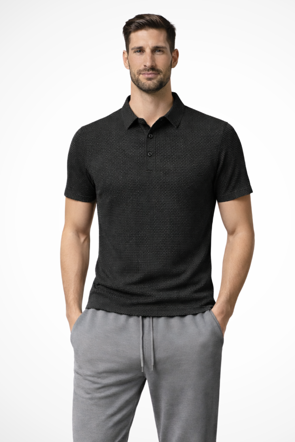 Versatile men's waffle knit polo shirt, short sleeve, button-up for a stylish and comfortable look.