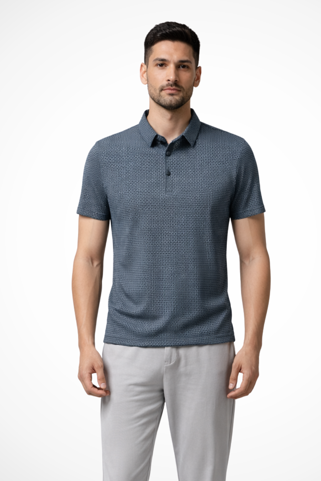 Blue men's short sleeve waffle knit polo, textured top, ideal for casual and smart casual occasions.