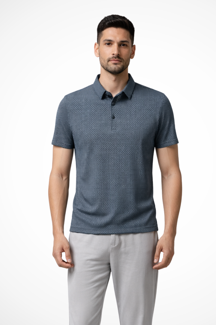 Blue men's short sleeve waffle knit polo, textured top, ideal for casual and smart casual occasions.