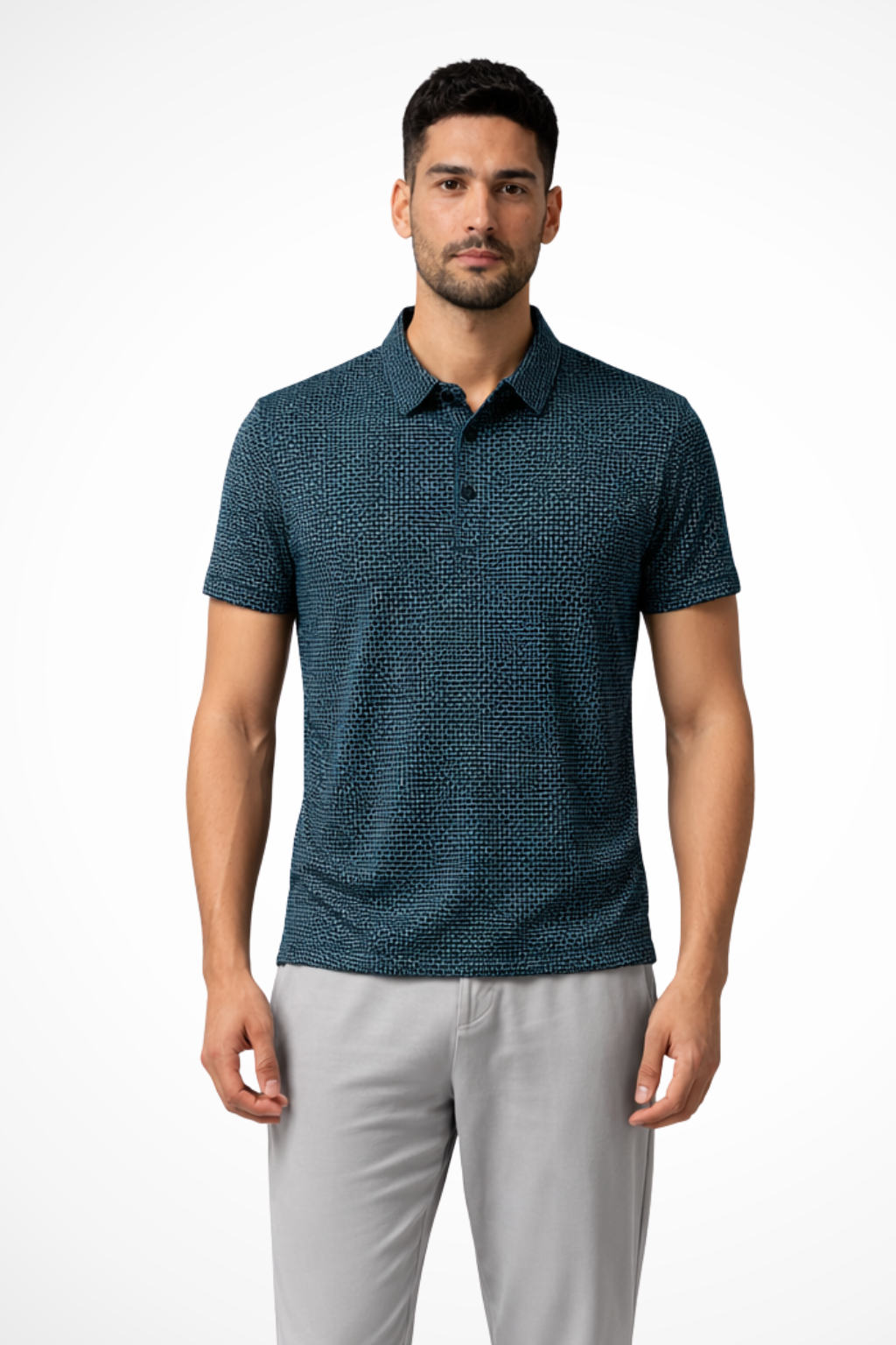 Model wearing men's waffle knit short sleeve polo shirt, a timeless piece for men's fashion.