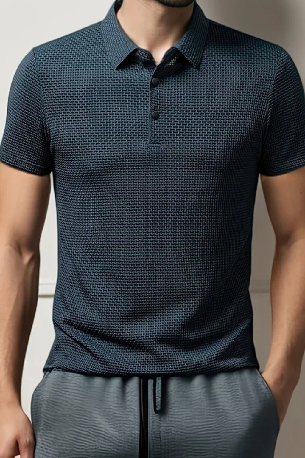 Men's waffle knit short sleeve polo, textured fabric, offering everyday comfort and classic style.