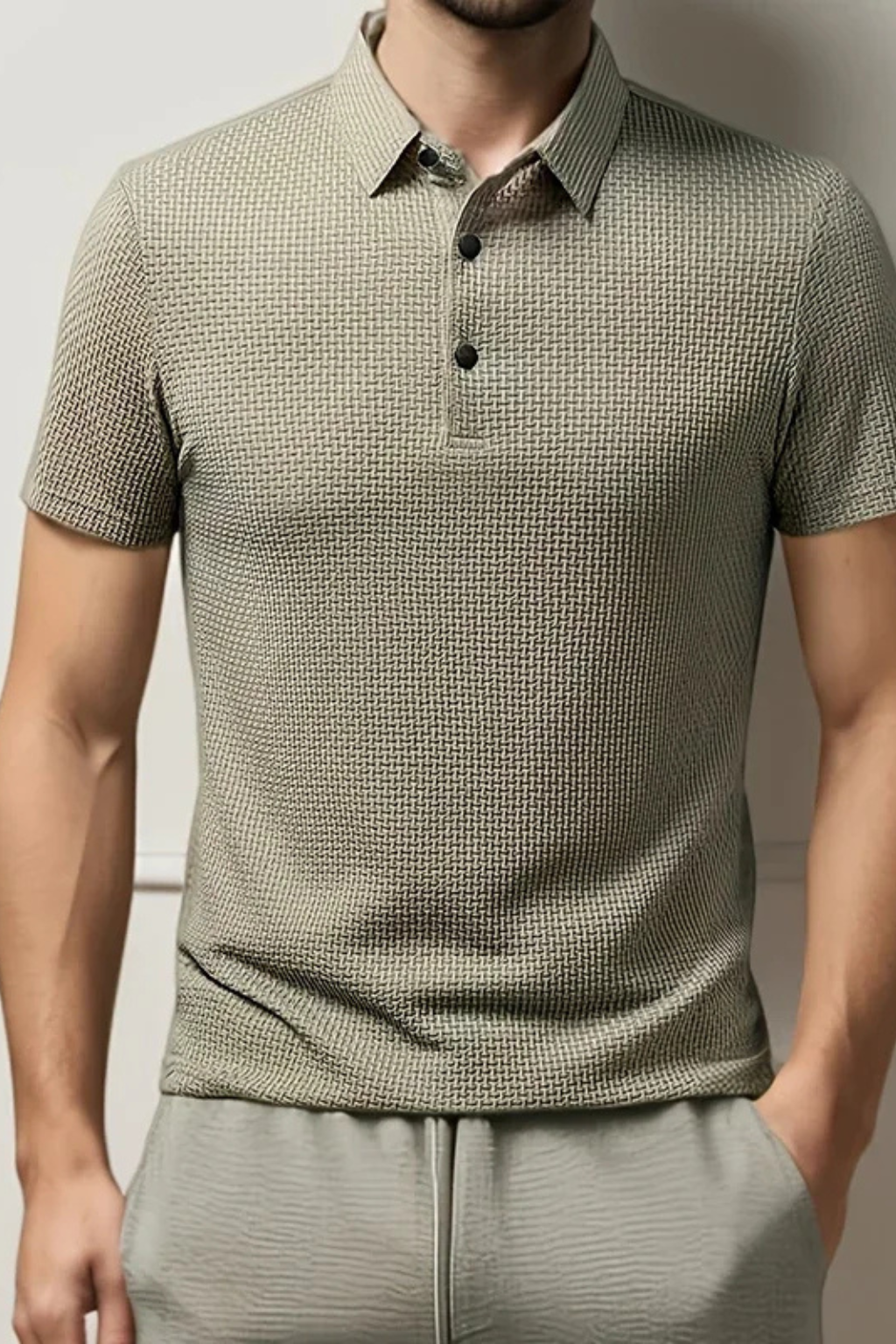 Textured men's short sleeve waffle knit polo, versatile for both casual and formal shirt styles.